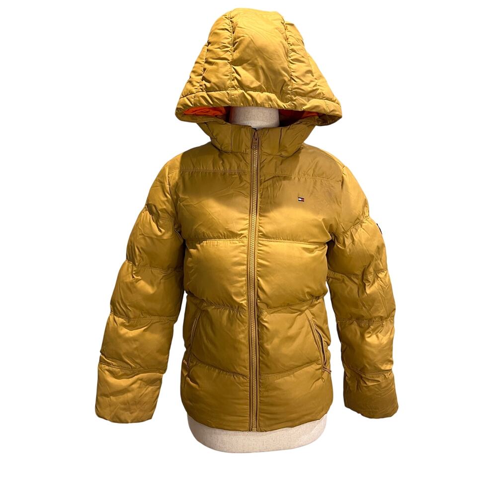 TOMMY HILFIGER Boys' Long Sleeve Hood Puffer Jacket Size M In Vintage Brass